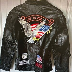 Men's Black Leather Bomber Jacket with Eagle and Flag Patch